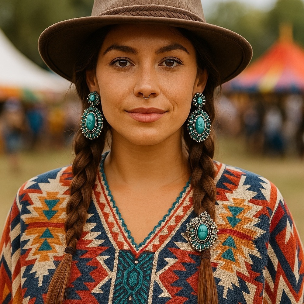 Boho Western-Style Turquoise Drop Earrings – Silver Boho Statement Jewelry
